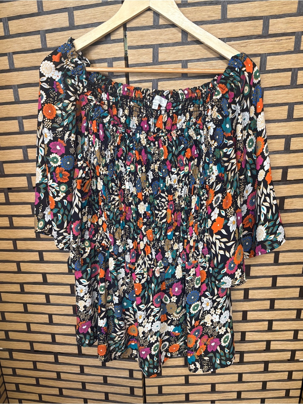 Chenault black floral smocked blouse size 2X